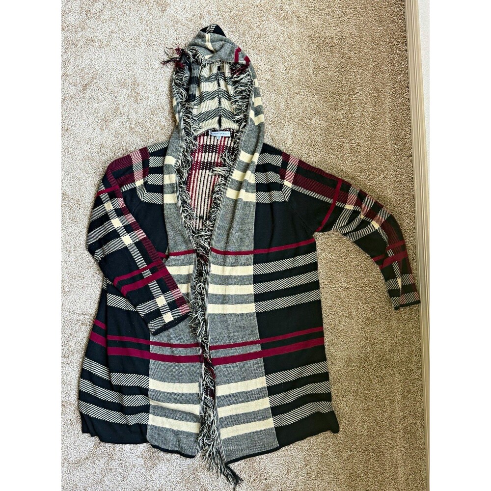 Absolute Women’s Plus 2X Plaid Hooded Open Front Fringe Cardigan Black Gray